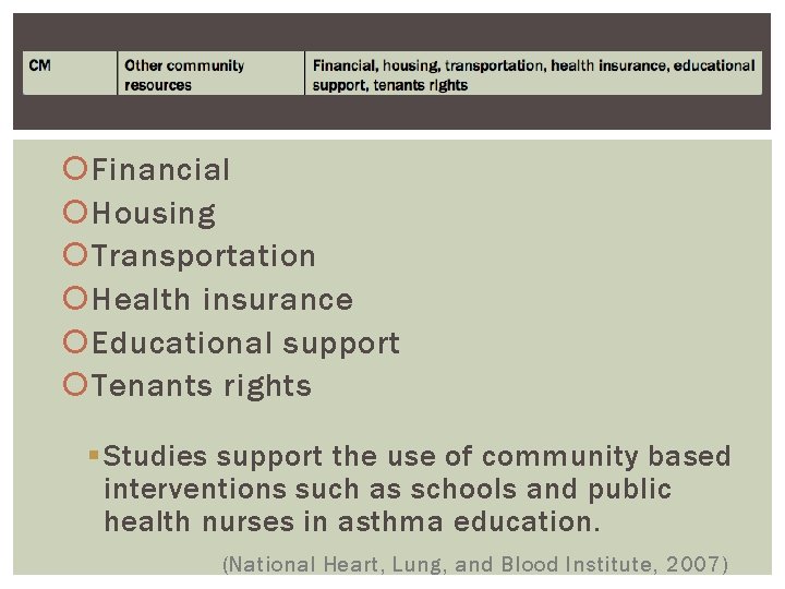  Financial Housing Transportation Health insurance Educational support Tenants rights § Studies support the