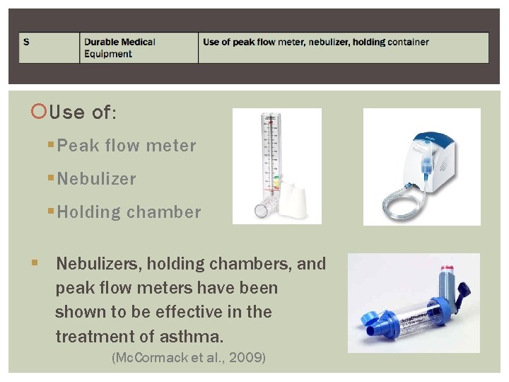  Use of: § Peak flow meter § Nebulizer § Holding chamber § Nebulizers,