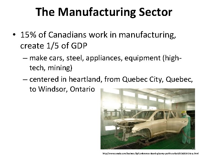 The Manufacturing Sector • 15% of Canadians work in manufacturing, create 1/5 of GDP