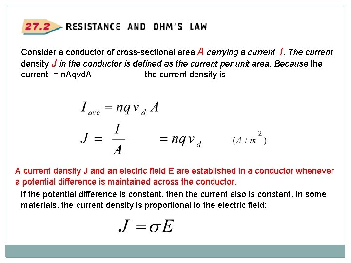 Consider a conductor of cross-sectional area A carrying a current I. The current density