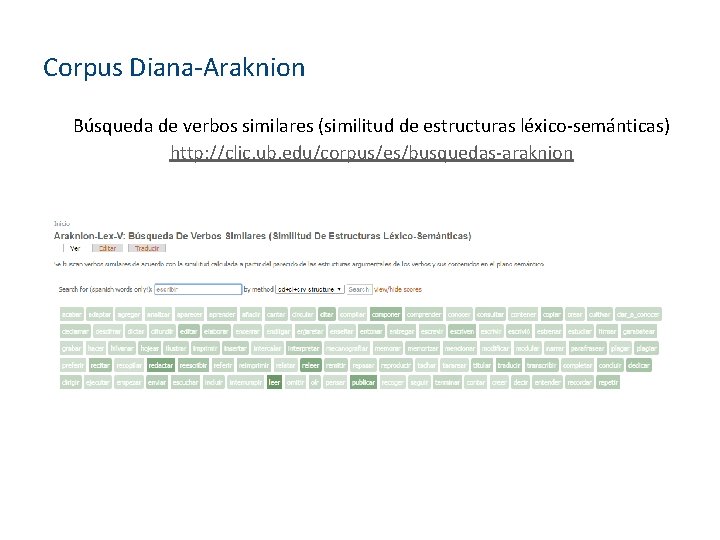 Corpus Diana-Araknion Búsqueda de verbos similares (similitud de estructuras léxico-semánticas) http: //clic. ub. edu/corpus/es/busquedas-araknion