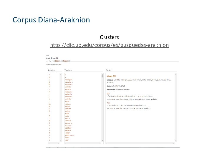 Corpus Diana-Araknion Clústers http: //clic. ub. edu/corpus/es/busquedas-araknion 