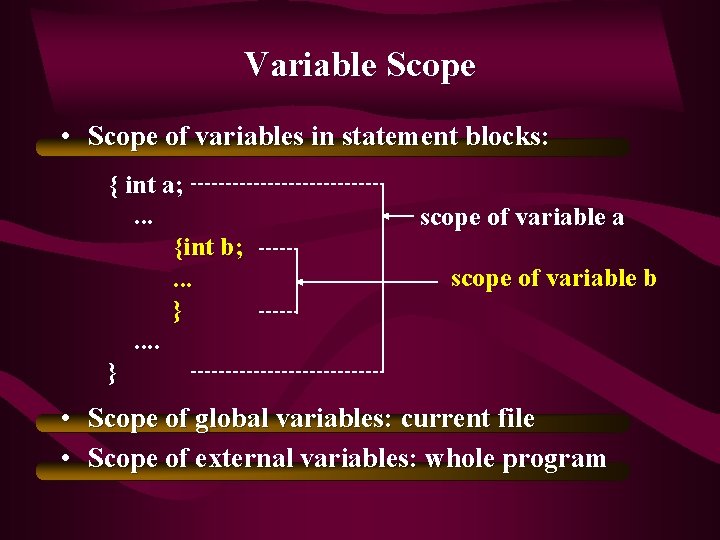 Variable Scope • Scope of variables in statement blocks: { int a; . .