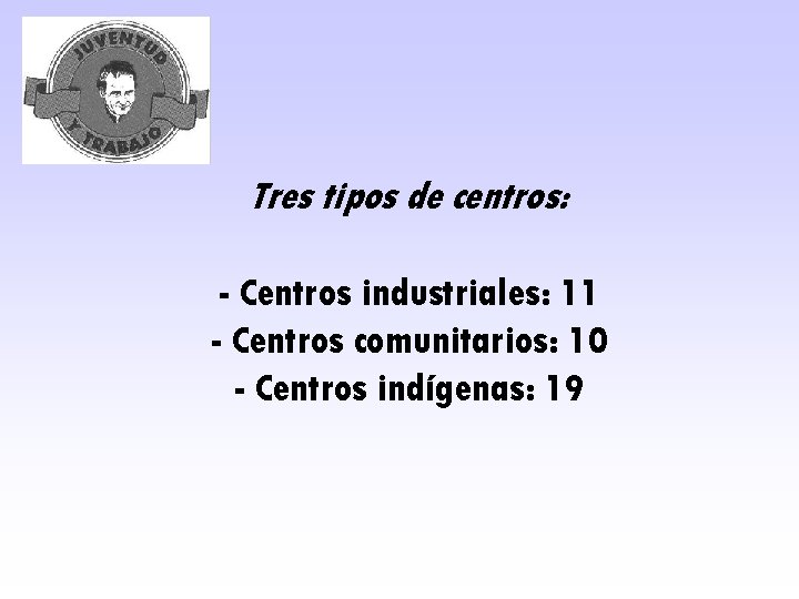 Tres tipos de centros: - Centros industriales: 11 - Centros comunitarios: 10 - Centros