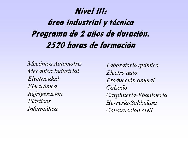 Nivel III: área industrial y técnica Programa de 2 años de duración. 2520 horas