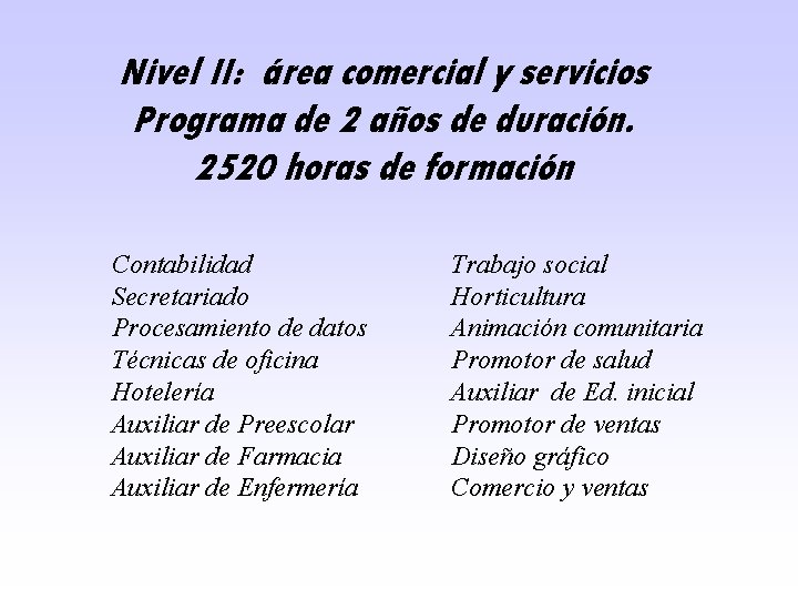 Nivel II: área comercial y servicios Programa de 2 años de duración. 2520 horas