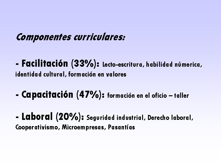 Componentes curriculares: - Facilitación (33%): Lecto-escritura, habilidad númerica, identidad cultural, formación en valores -