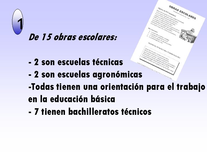 1 De 15 obras escolares: - 2 son escuelas técnicas - 2 son escuelas