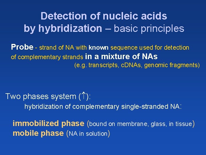 Detection of nucleic acids by hybridization – basic principles Probe - strand of NA
