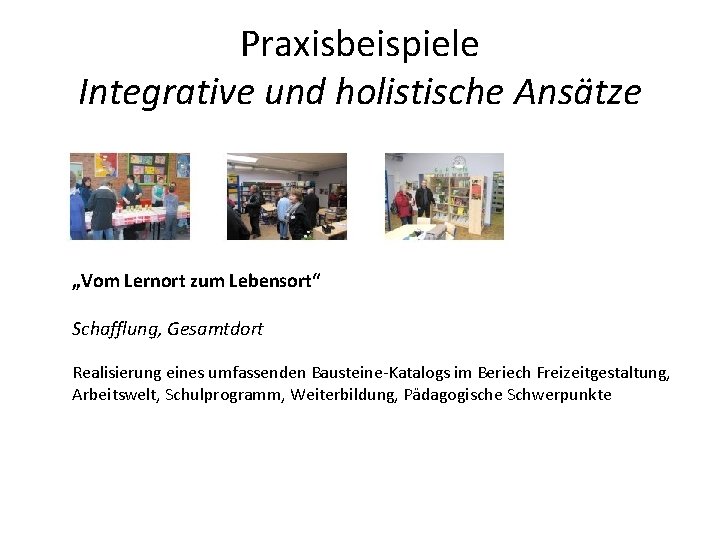 Praxisbeispiele Integrative und holistische Ansätze „Vom Lernort zum Lebensort“ Schafflung, Gesamtdort Realisierung eines umfassenden