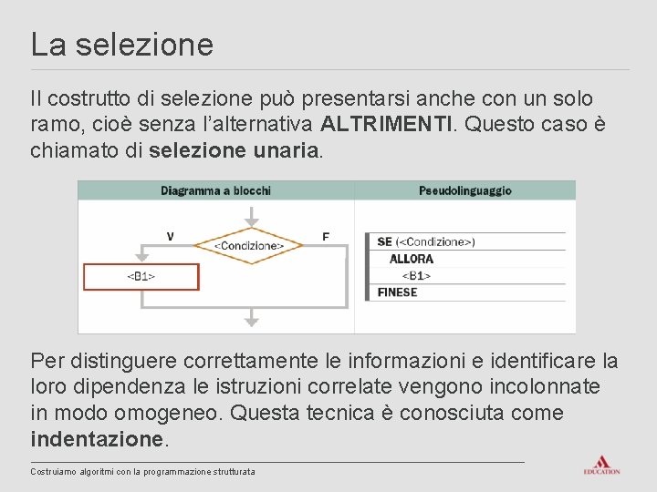 La selezione Il costrutto di selezione può presentarsi anche con un solo ramo, cioè