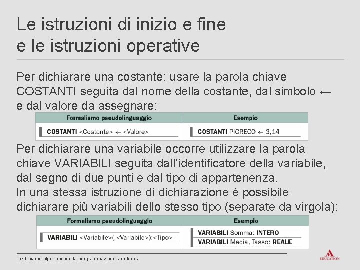 Le istruzioni di inizio e fine e le istruzioni operative Per dichiarare una costante: