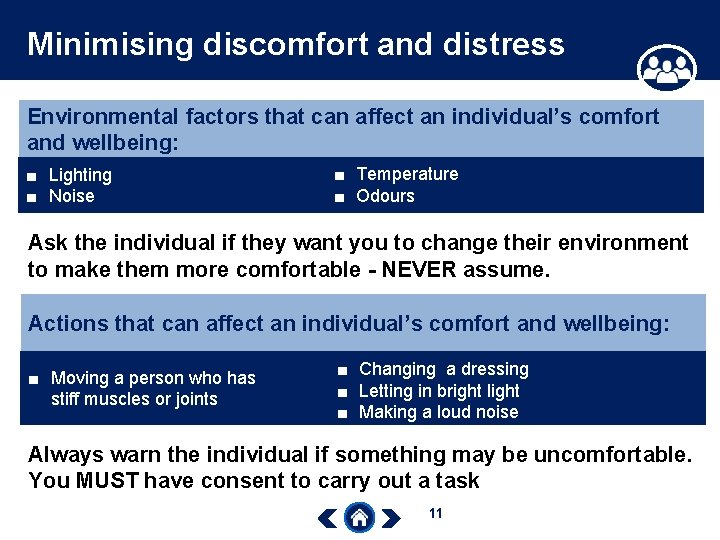 Minimising discomfort and distress Environmental factors that can affect an individual’s comfort and wellbeing: