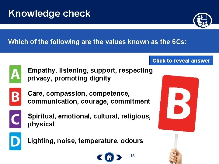 Knowledge check Which of the following are the values known as the 6 Cs: