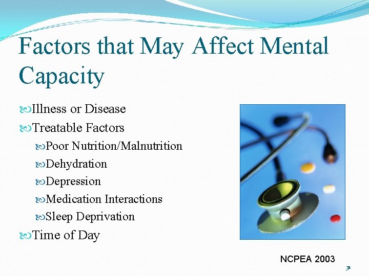 Factors that May Affect Mental Capacity Illness or Disease Treatable Factors Poor Nutrition/Malnutrition Dehydration