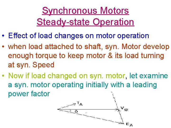 Synchronous Motors Steady-state Operation • Effect of load changes on motor operation • when