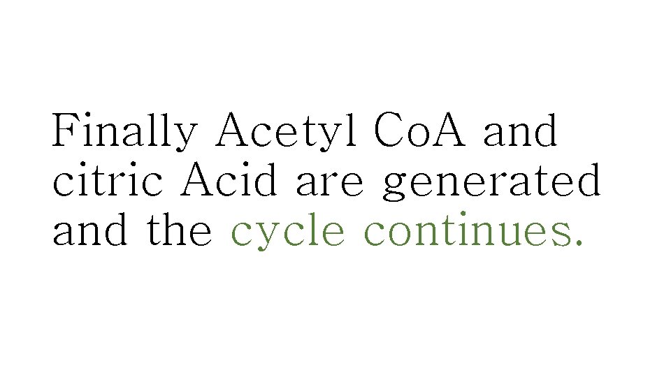 Finally Acetyl Co. A and citric Acid are generated and the cycle continues. 