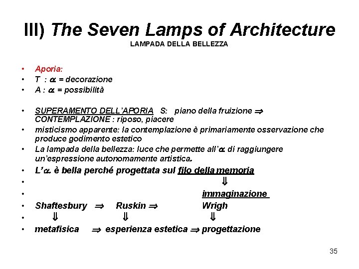 III) The Seven Lamps of Architecture LAMPADA DELLA BELLEZZA • • • Aporia: T