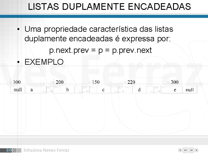 LISTAS DUPLAMENTE ENCADEADAS • Uma propriedade característica das listas duplamente encadeadas é expressa por: