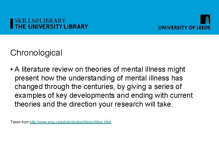 Chronological • A literature review on theories of mental illness might present how the