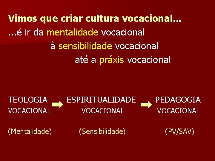 Vimos que criar cultura vocacional. . . é ir da mentalidade vocacional à sensibilidade