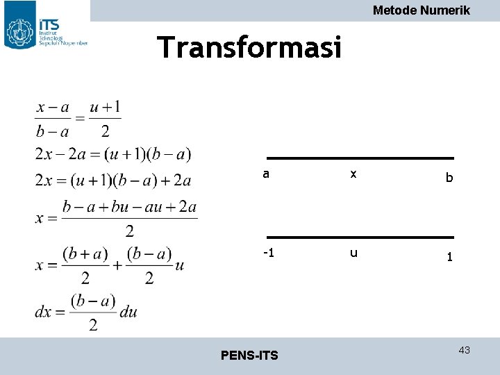 Metode Numerik Transformasi a x b -1 u 1 PENS-ITS 43 