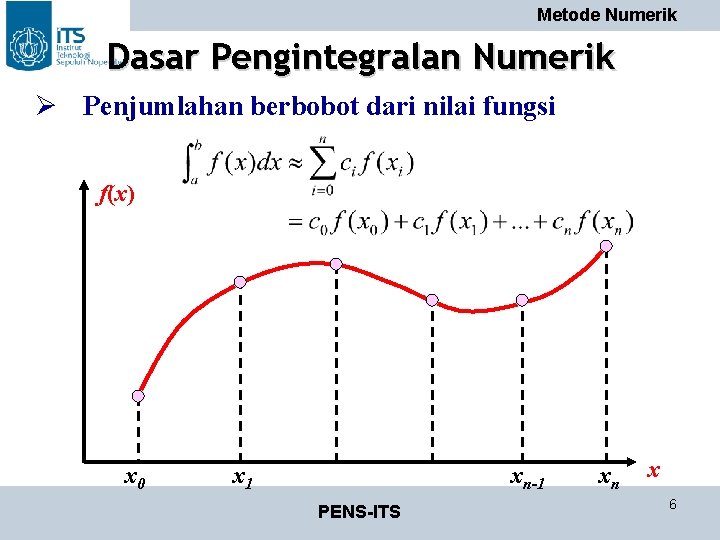 Metode Numerik Dasar Pengintegralan Numerik Ø Penjumlahan berbobot dari nilai fungsi f(x) x 0