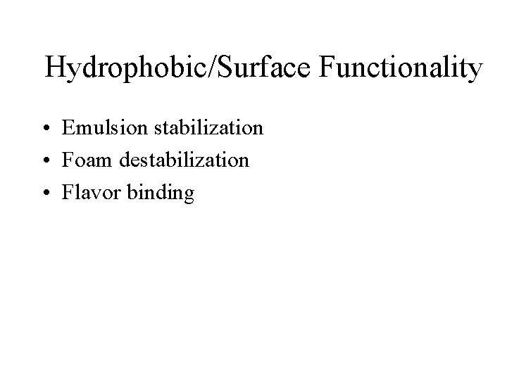 Hydrophobic/Surface Functionality • Emulsion stabilization • Foam destabilization • Flavor binding 