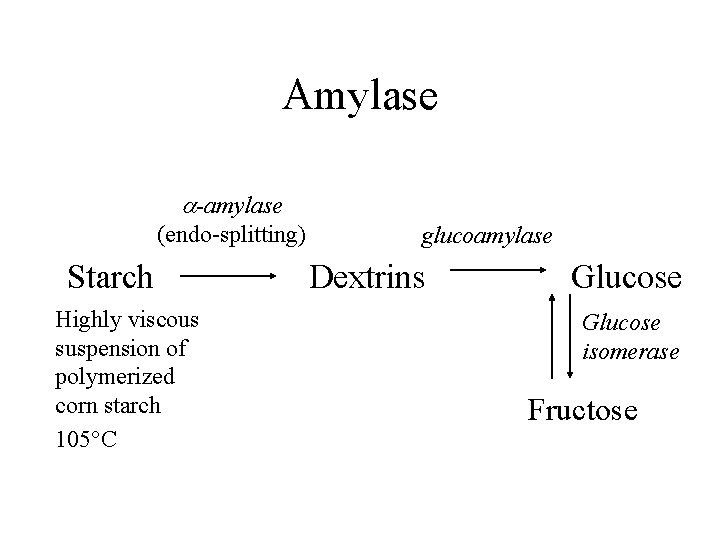 Amylase a-amylase (endo-splitting) Starch Highly viscous suspension of polymerized corn starch 105°C glucoamylase Dextrins