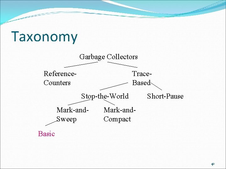 Taxonomy Garbage Collectors Reference. Counters Trace. Based Stop-the-World Mark-and. Sweep Short-Pause Mark-and. Compact Basic