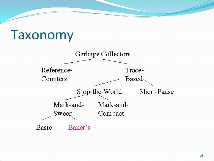 Taxonomy Garbage Collectors Reference. Counters Trace. Based Stop-the-World Mark-and. Sweep Basic Short-Pause Mark-and. Compact