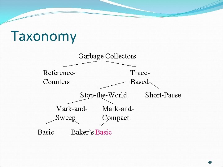 Taxonomy Garbage Collectors Reference. Counters Trace. Based Stop-the-World Mark-and. Sweep Basic Short-Pause Mark-and. Compact