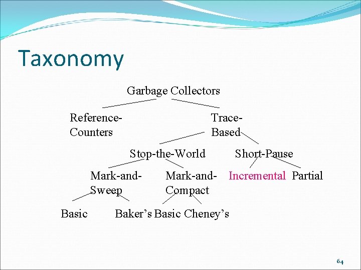 Taxonomy Garbage Collectors Reference. Counters Trace. Based Stop-the-World Mark-and. Sweep Basic Short-Pause Mark-and- Incremental