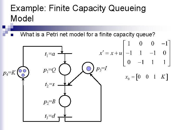 Example: Finite Capacity Queueing Model n What is a Petri net model for a
