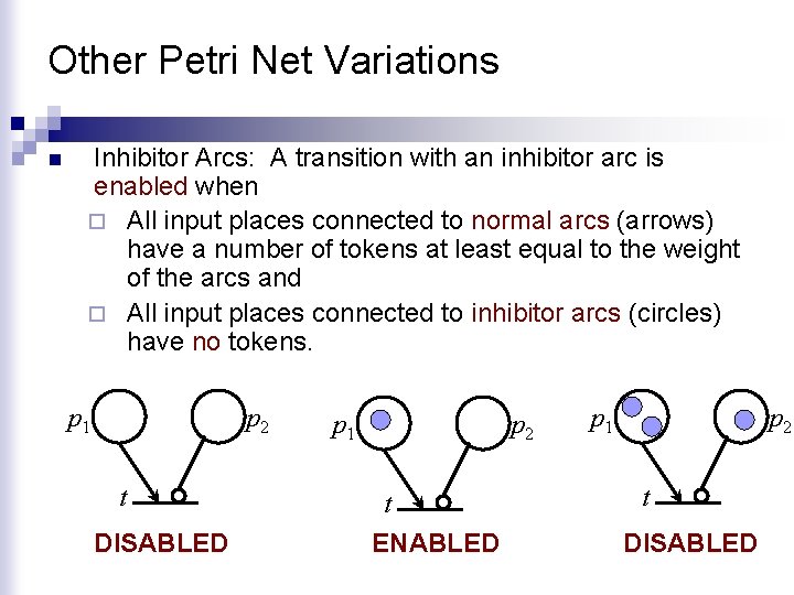 Other Petri Net Variations n Inhibitor Arcs: A transition with an inhibitor arc is