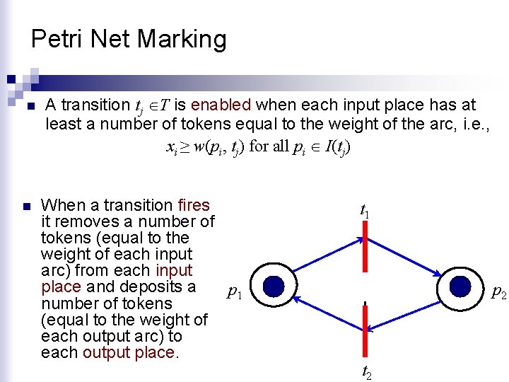 Petri Net Marking n n A transition tj T is enabled when each input