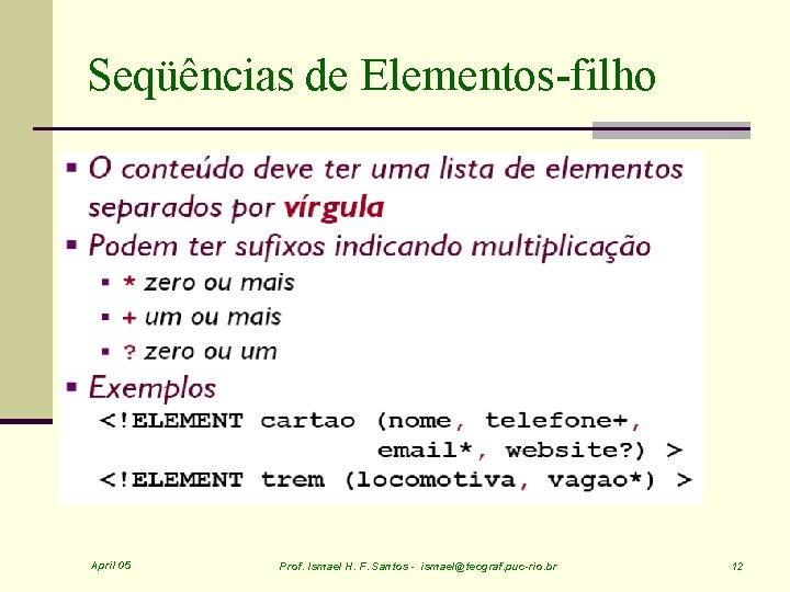 Seqüências de Elementos-filho April 05 Prof. Ismael H. F. Santos - ismael@tecgraf. puc-rio. br