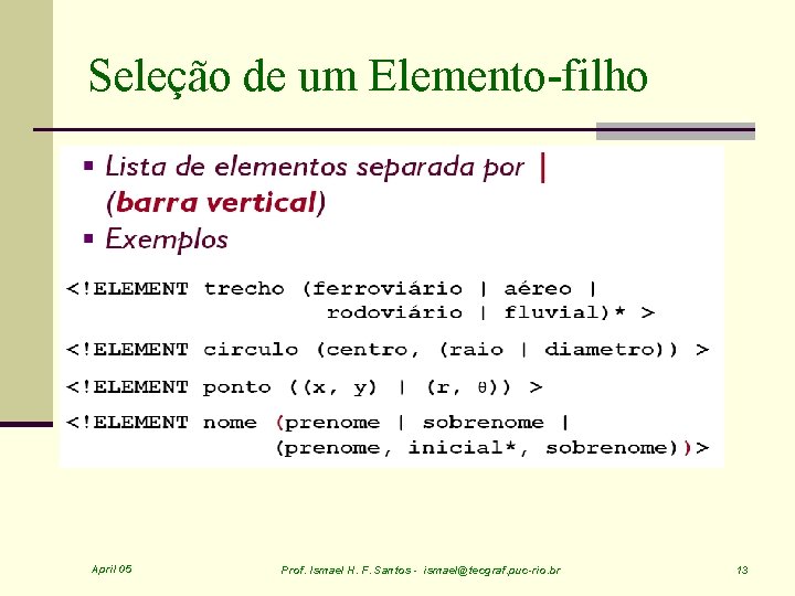 Seleção de um Elemento-filho April 05 Prof. Ismael H. F. Santos - ismael@tecgraf. puc-rio.