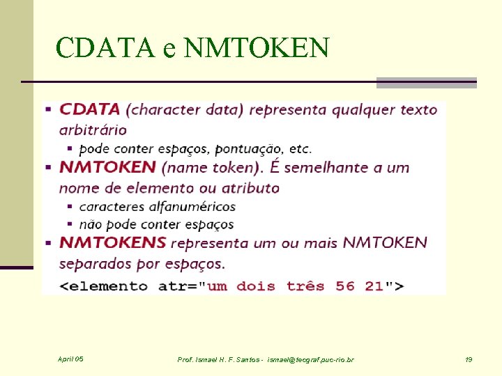 CDATA e NMTOKEN April 05 Prof. Ismael H. F. Santos - ismael@tecgraf. puc-rio. br