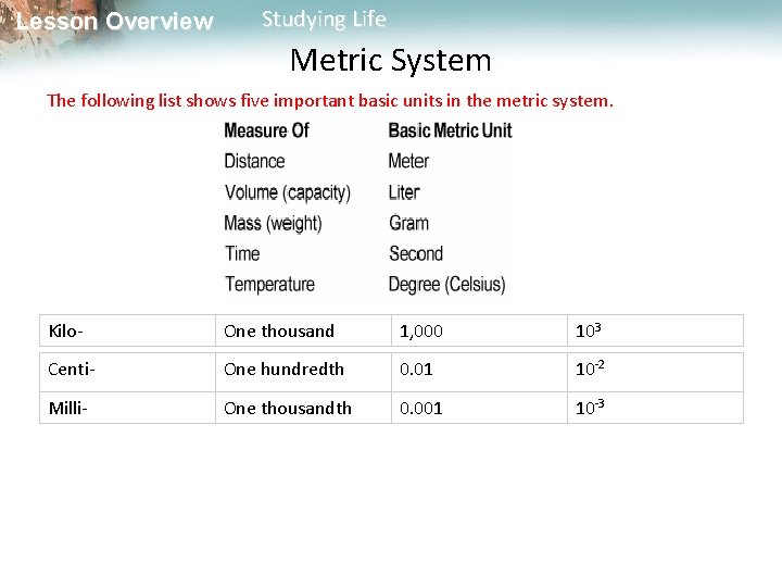 Lesson Overview Studying Life Metric System The following list shows five important basic units