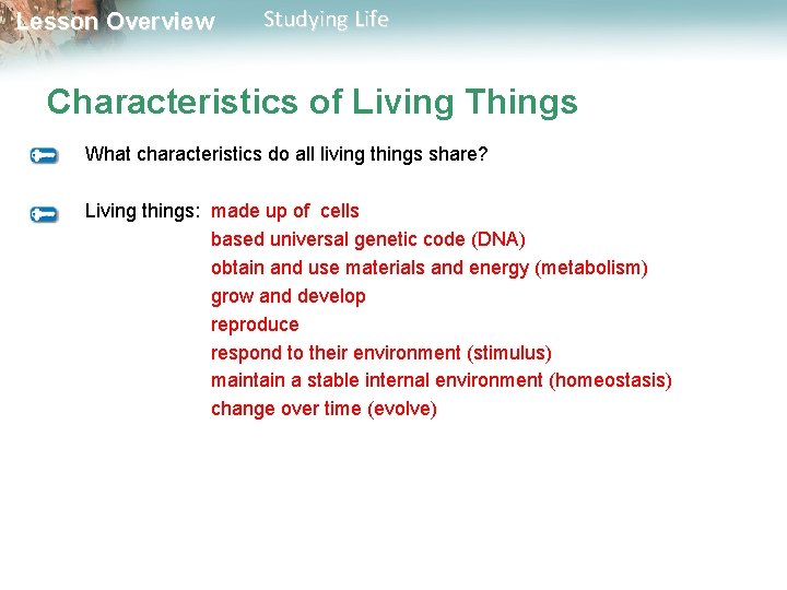 Lesson Overview Studying Life Characteristics of Living Things What characteristics do all living things