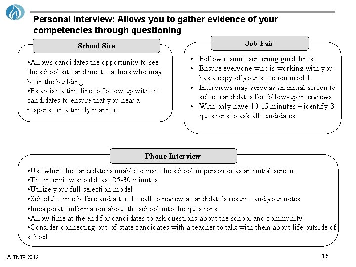 Personal Interview: Allows you to gather evidence of your competencies through questioning Job Fair