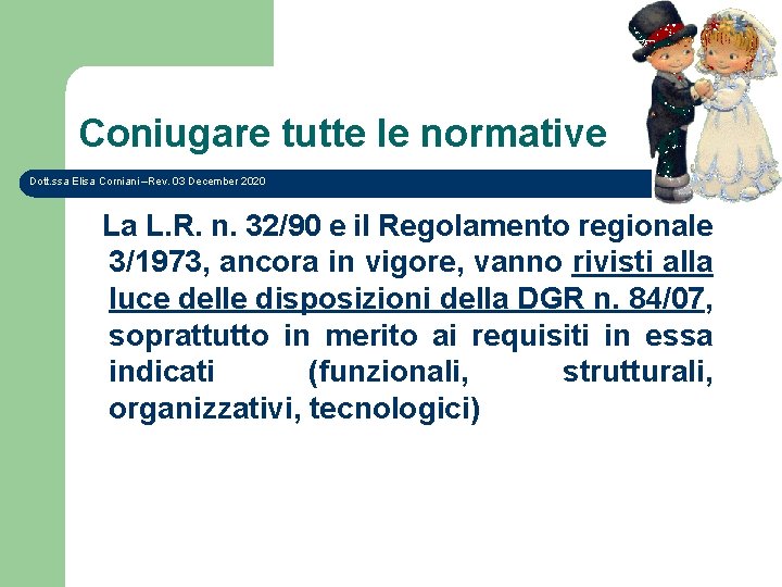 Coniugare tutte le normative Dott. ssa Elisa Corniani –Rev. 03 December 2020 La L.