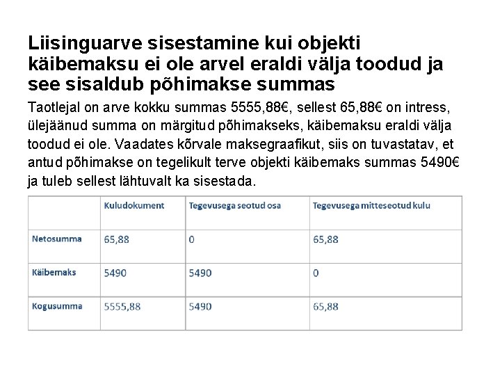 Liisinguarve sisestamine kui objekti käibemaksu ei ole arvel eraldi välja toodud ja see sisaldub