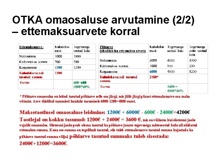 OTKA omaosaluse arvutamine (2/2) – ettemaksuarvete korral * Põhiarve omaosalus on leitud tasutud põhiarve