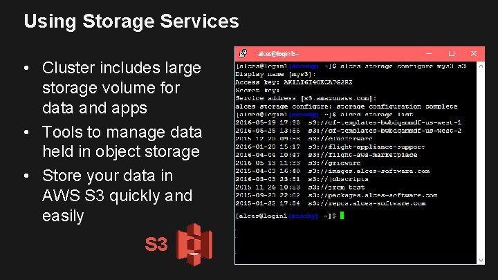 Using Storage Services • Cluster includes large storage volume for data and apps •