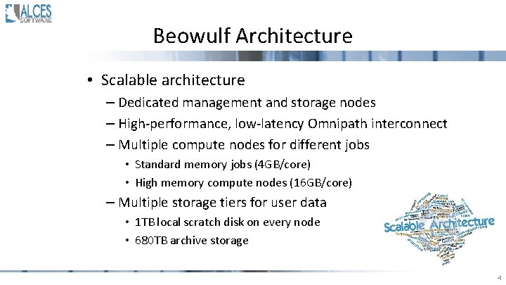 Beowulf Architecture • Scalable architecture – Dedicated management and storage nodes – High-performance, low-latency