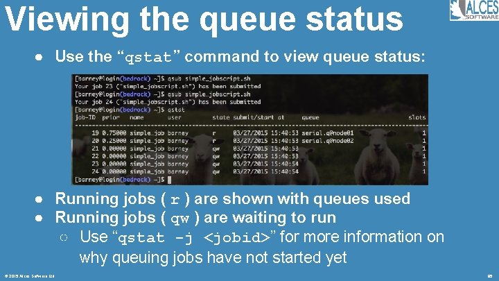 Viewing the queue status ● Use the “qstat” command to view queue status: ●