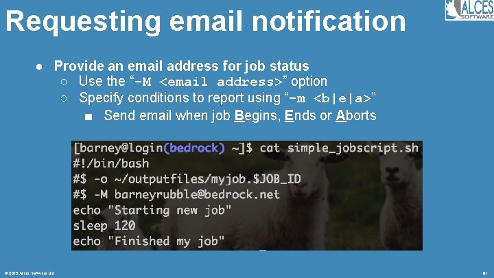 Requesting email notification ● Provide an email address for job status ○ Use the