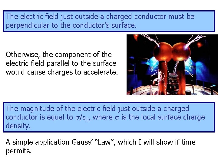 The electric field just outside a charged conductor must be perpendicular to the conductor’s